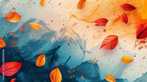 Leaves of different shapes and colors floating in the autumn wind, creating a dynamic and lively scene