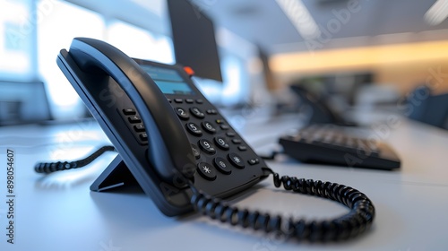 A close-up of a modern black desk telephone positioned on a minimalist office workspace, symbolizing professional communication and technology. 