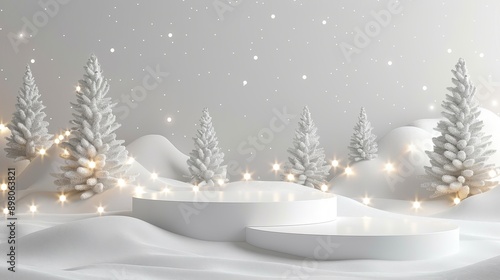 Christmas tree with white snowdrift,snowflakes,snow land,podium with bauble,Christmas theme stage podium mock up for product placement,Happy New Year. Celebrate party,Xmas Poster,web banner,festive.