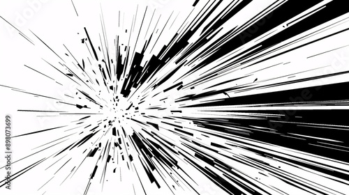 Dynamic manga motion effects with comic-style speed lines, action graphics, and explosive bursts on a clean white backdrop. Abstract illustration.