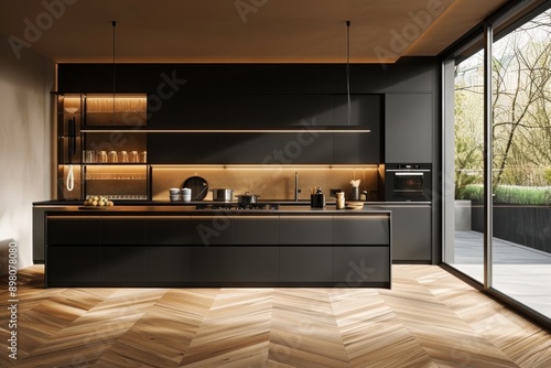 Interior of modern kitchen with black walls, wooden floor, black countertops and cupboards.