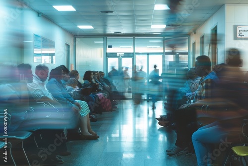 A crowded hospital waiting room with people in need of medical attention, contrasted with a private clinic with immediate service