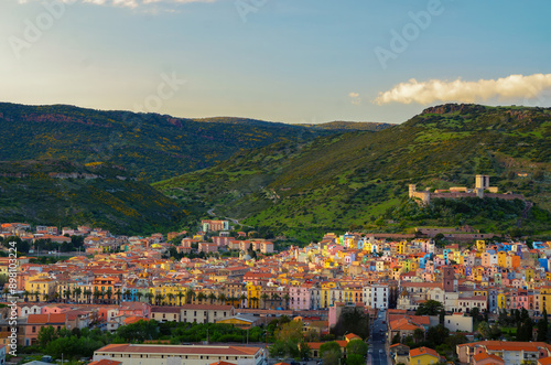 The town of Bosa and the old Castle of Serravalle built by the Marquis of Malaspina in 1112 at sunset, Oristano, Sardinia, Italy