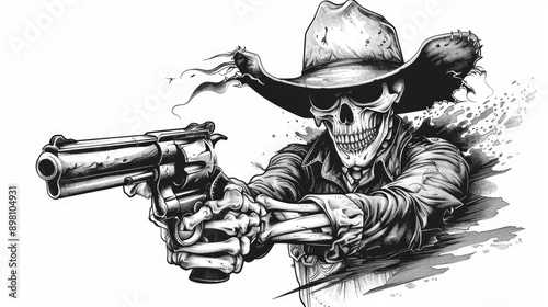 Evil cowboy in hat, shooting guns. Western horror theme.