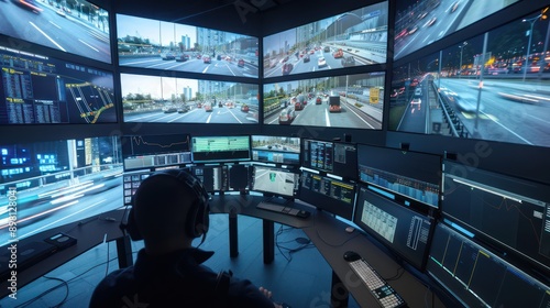 high-resolution traffic control center where operators use advanced algorithms and live camera feeds to manage and prevent traffic jams