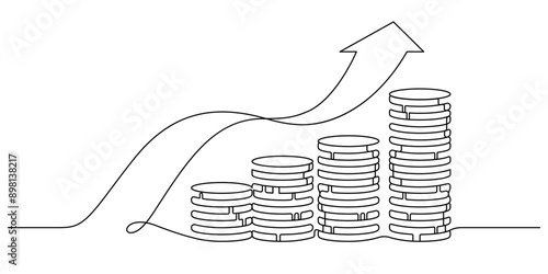 coins stack flowing growth chart arrow one line drawing