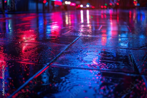 A vibrant urban scene reflecting colorful lights on wet pavement after rain, creating a moody and atmospheric backdrop.