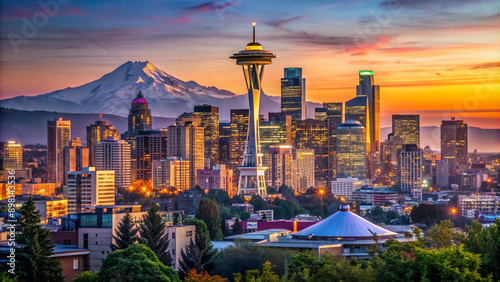 Vibrant cityscape of Seattle's majestic skyline at dusk, featuring iconic skyscrapers, sparkling waterfront, and majestic Olympic Mountains in the distance.