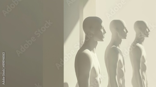 Three mannequins stand in a row, bathed in soft sunlight, creating a minimalist and abstract scene.