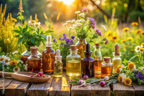 Vibrant assortment of artisanal essential oil bottles and herbal tinctures adorn a rustic wooden table, basking in warm sunlight amidst lush greenery and blooming wildflowers.