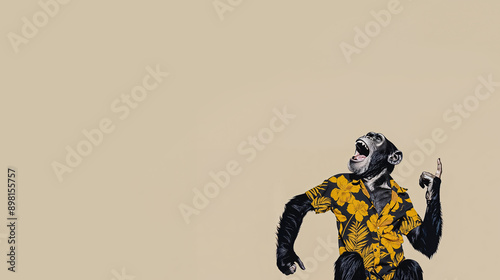 illustration d'un chimpanzé habillé avec une chemise à fleur, la bouche ouverte et un doigt en l'air - fond uni beige