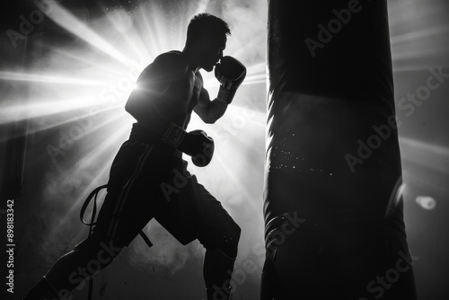 Boxer training with punching bag in dark gym, dramatic lighting, silhouette, fitness workout, strength, determination, martial arts, combat sports concept