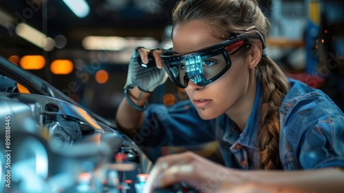 A futuristic mechanic with AR Glasses transforms traditional car repair into an advanced endeavor Precision and innovation are the hallmarks of this futuristic endeavor
