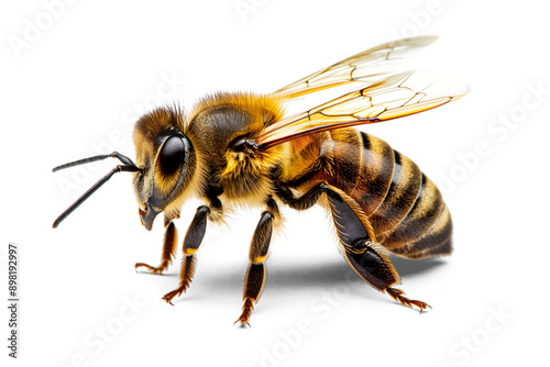 A stunning close-up of a bee flying, isolated on a transparent background, showcasing its detailed wings and vibrant colors, created with generative AI technology.