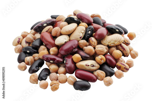 Different types of beans such as kidney beans, black beans, pinto beans, and chickpeas, isolated on white background.