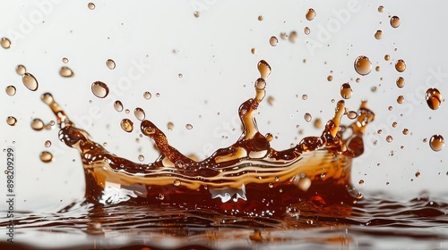 rich, brown coffee splash with droplets and waves against a white background, highlighting its energetic and bold presence.