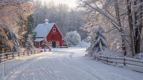 Charming red barn in a winter wonderland. Snow-covered landscape and trees create a serene, picturesque scene on a rural farm.