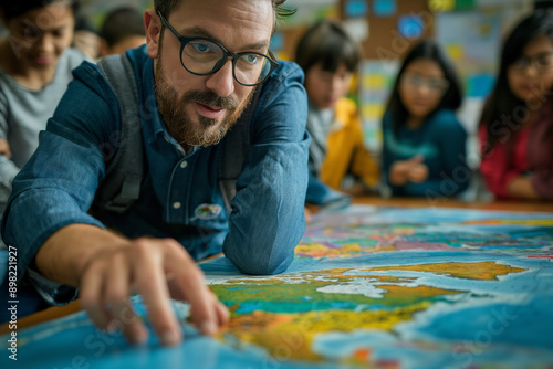 Teacher using interactive map in classroom