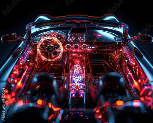 Illustrate an xray view of a roadsters cockpit area, revealing the layout of the dashboard and underlying mechanisms