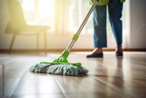 Person moping floor cleaning green cleanliness.