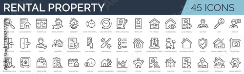 Set of 45 outline icons related to rental property. Linear icon collection. Editable stroke. Vector illustration