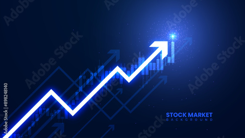 Successful financial boost and up arrow with candlesticks. Rising stock market economy concept. Futuristic finance growth bar chart.