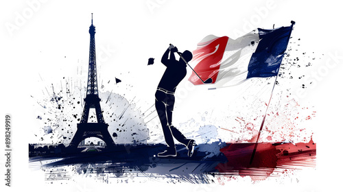 Golf: An illustration of a golfer teeing off with the French flag and the Eiffel Tower in the background on a white background.