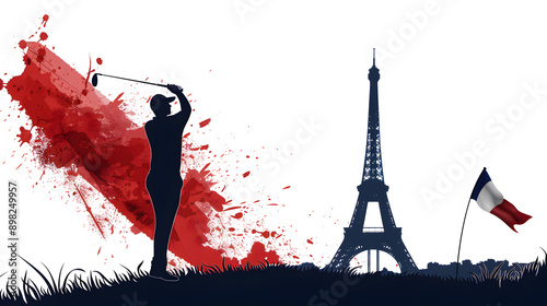 Golf: An illustration of a golfer teeing off with the French flag and the Eiffel Tower in the background on a white background.