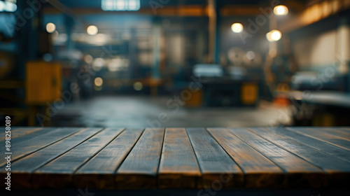 close up of empty wooden table with blurred industrial workshop factory background