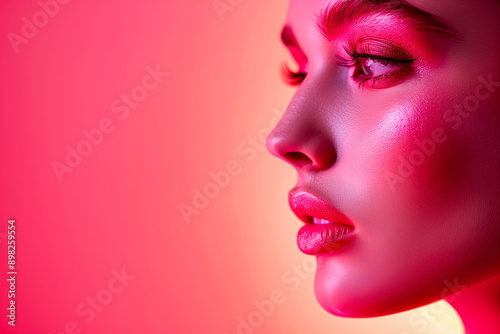 Close up portrait of stunning pretty woman with chiseled features, pink make up on pink background illuminated