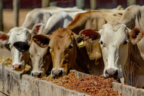 Cattle Feeding. Brahman Zebu Eating Agricultural Feed in Brazilian Feedlot Range