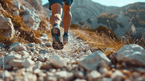 dynamic trail running scene in rugged mountains closeup of runners legs and shoes navigating rocky path backpack suggests adventure captures the spirit of outdoor endurance sports