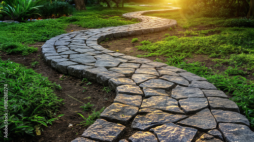 Stone pathway winding through a lush green garden, leading towards a glowing sunset, evoking peace and tranquility.