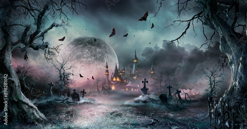 Halloween Scene - Graveyard At Moonlight - Contain Unrecognizable, Deformed Church With Reassembled Parts