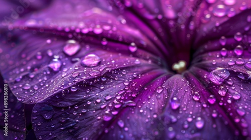  A tight shot of a purple flower with dewdrops on its petals, particularly at the center