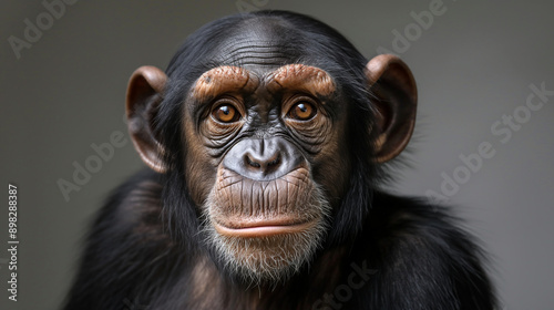 Portrait of a chimpanzee primate with expressive eyes and intricate facial features against a smooth gray background, highlighting its intelligence and depth