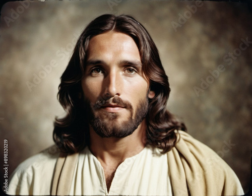 Portrait of a Man Dressed as Jesus. White robe. Long brown hair and beard. Man appears to be in his early 30s, and he has a serious expression on his face. Christian religion and faith. AI generated