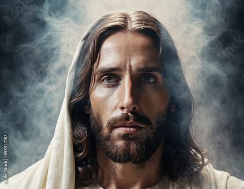 Portrait of a Man Dressed as Jesus. White robe. Long brown hair and beard. Man appears to be in his early 30s, and he has a serious expression on his face. Christian religion and faith. AI generated