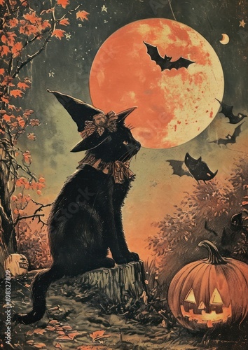 Vintage halloween postcard animal mammal pet.