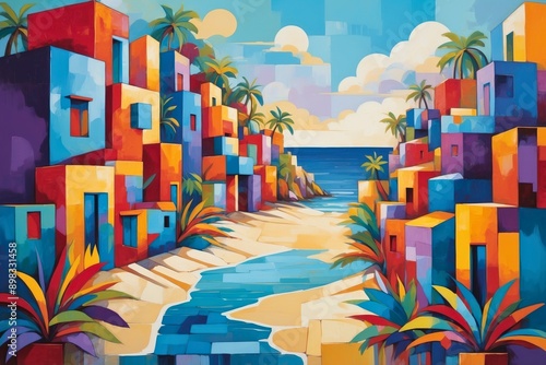 Colorful abstract cubist tropical beach landscape painting, nature theme concept texture design. 