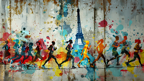 Graffiti Marathon: A graffiti-style illustration of marathon runners with the Eiffel Tower in the background on a concrete wall background.