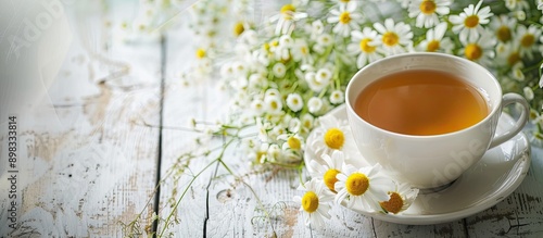 Close up of chamomile herbal tea in a cup on a white wooden table with a chamomile bouquet showcasing a copy space image for the natural healer concept and promoting herbal immunity tea