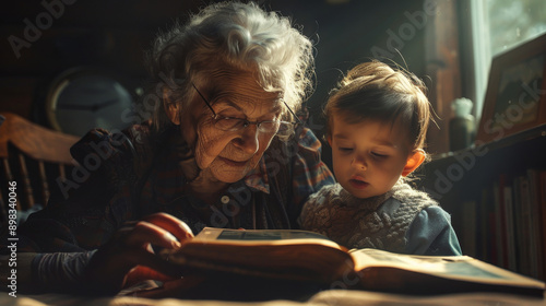 Generational Bond: Elderly Woman Reading to Young Child in Warm Sunlit Room for Family Nostalgia. Generative ai