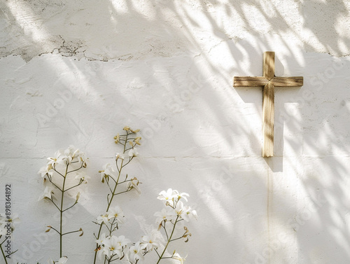 White background with cross and flowers with space for text. For Christian religious publications