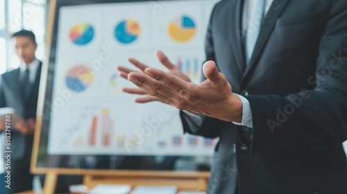 Close-up hands of Confident businessman delivering a presentation consulting training persuading employees client group, Mentor leader explain graph strategy at team meeting workshop.