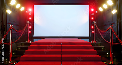 Elegant red carpet stage setup with bright spotlights, perfect for award ceremonies, premieres, and glamorous events