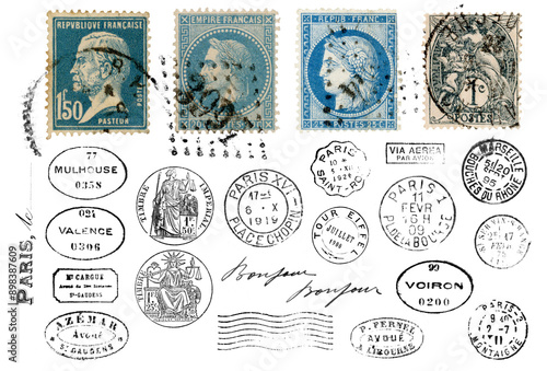 set of vintage and antique French postage design elements, run stamps and postmarks isolated over a transparent background, retro Paris or letter writing / correspondence design elements