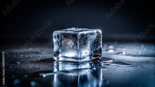 Solo ice cube dissolves slowly into a dark, velvety background, showcasing the fleeting nature of coldness and the inevitability of melting.