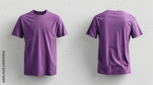 sleek purple tshirt floating against white backdrop front and back views showcase minimalist design soft folds and shadows emphasize fabric texture and fit