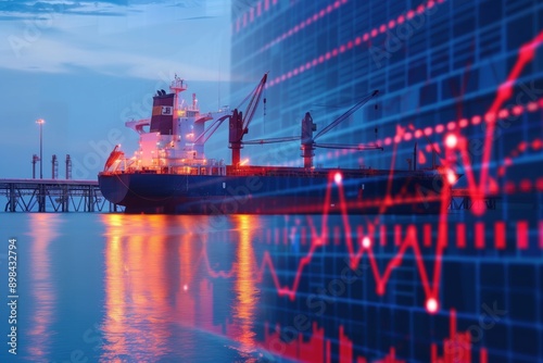 Cargo ship is docked at an industrial port at night with a financial graph imposed over the image